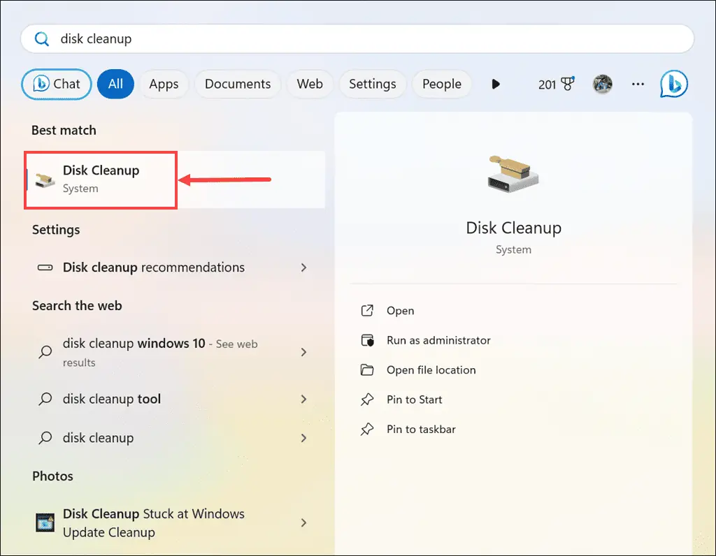 Disk Cleanup icon under the Start Menu رفع خطای به‌روزرسانی ویندوز 11 در 6 مرحله ساده تیر 1405 1